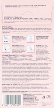 Tył opakowania plastrów do depilacji woskiem na zimno Rossmann z makadamią, instrukcje i skład.