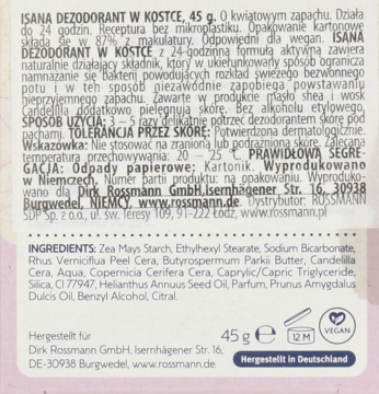 Zbliżenie na tył opakowania ISANA dezodorantu w kostce 45g z kwiatowym zapachem, widoczne składniki.