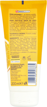 Tył żółtej tubki serum Isana z witaminą C, 200 ml, z listą składników i informacjami producenta.
