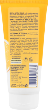 Isana Vitamin C serum do ciała, 200 ml, tył tubki: lista składników, dane producenta, polskie napisy.