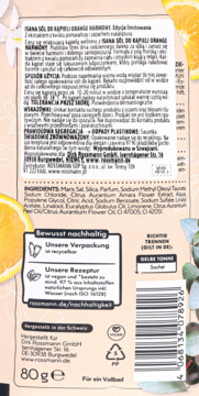Tył opakowania Isana Sól do Kąpieli Pomarańcz, z listą składników, kodem kreskowym i wagą 80g.