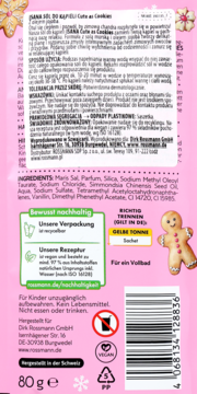 Różowy tył saszetki Isana Sól do Kąpieli Caffe & Cookies, z tekstem PL/DE, ikonami recyklingu i imbirowym ludzikiem.