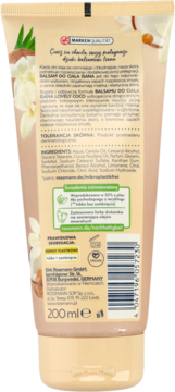 Tył beżowej tuby balsamu Isana Lovely Coco 200ml. Widoczne informacje o składzie i recyklingu.