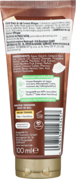 Tył brązowej tubki kremu do rąk Isana Coconut Whisper 100ml. Widoczne składniki, info o recyklingu i certyfikat vegan.