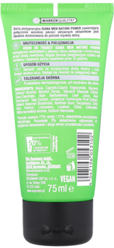Tył zielonej tubki Isana Men Nature Power krem do twarzy 75 ml, z polskim tekstem o składnikach i cechach produktu.
