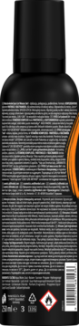 Tył czarnej butelki pianki SYOSS Curl Control 250ml, z informacjami o produkcie, ikoną łatwopalności i kodem kreskowym.