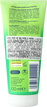 Tył zielonej tubki kremu Isana Work & Repair 100ml. Widoczne niemieckie opisy składu i działania.
