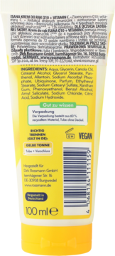 Isana Krem do rąk Q10 + Vitamin C, żółta tuba, tył z listą składników i logo Vegan, 100 ml.