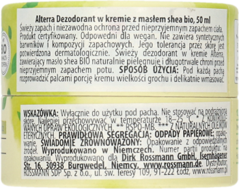 Zielono-żółty dezodorant Alterra z masłem shea bio, widok tylnej etykiety z instrukcjami użycia.