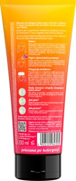 Tył pomarańczowo-czerwonej tubki odżywki Hair in Balance 200ml, z opisem dla włosów szorstkich, po koloryzacji.