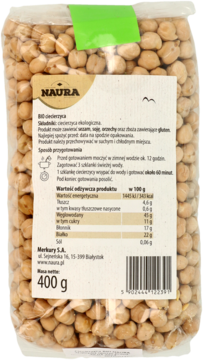 Naura BIO ciecierzyca, 400g. Przezroczysta torba, tył opakowania z etykietą, widoczne dane odżywcze.