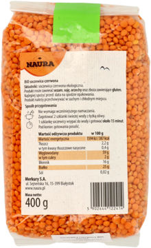 Tył przezroczystego opakowania soczewicy czerwonej Naura 400g, z białą etykietą i kodem kreskowym.