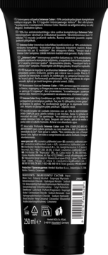 Tył czarnej tubki odżywki Syoss Intense Color 250ml z etykietą, kodem kreskowym i listą składników.