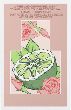 Mexx Simply For Her EDT: ilustracja przekrojonej limonki i różowych róż, oddających owocowo-kwiatowe nuty zapachu.