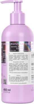 Tył fioletowej butelki odżywki so!flow Shine Must Go On z pompką, etykieta z opisem do włosów farbowanych.