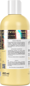 Tył żółtej butelki szamponu Let's Twist A Hair 400ml do włosów kręconych z opisem działania i składu.