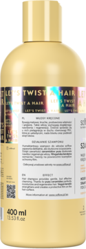 Tył beżowego szamponu Let's Twist A Hair 400ml z keratyną i ceramidami, do włosów kręconych. Widoczne opisy.