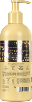 Tył jasnobeżowej butelki odżywki so!flow do włosów kręconych. Ciemna etykieta z napisem LET'S TWIST A HAIR i kodem.