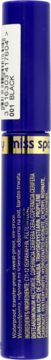 Wodoodporna czarna mascara Miss Sporty w niebieskiej tubie ze złotym paskiem i etykietą produktu, widok z tyłu.