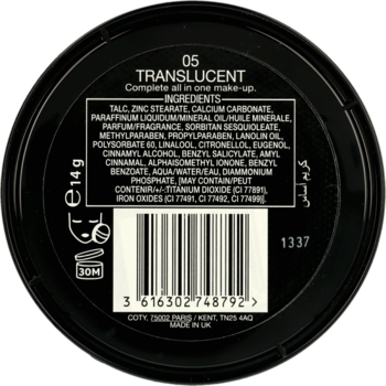 Tył czarnego pudru Max Factor Creme Puff 05 Translucent, okrągłe opakowanie ze składnikami i kodem.