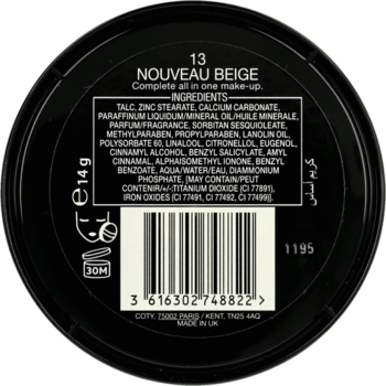Spód czarnego opakowania pudru Max Factor Creme Puff Nouveau Beige 14g z listą składników i kodem EAN.