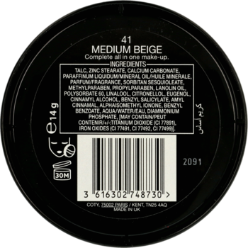 Spód okrągłego pudru Max Factor Creme Puff 41 Medium Beige. Widoczny kod kreskowy, waga 14g i etykieta.