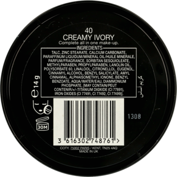 Spód czarnego opakowania pudru Max Factor Creme Puff Creamy Ivory, z widoczną listą składników i kodem kreskowym.