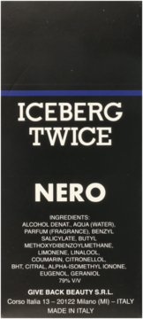 Czarne opakowanie perfum Iceberg Twice Nero z białymi napisami i listą składników. Widok z przodu.