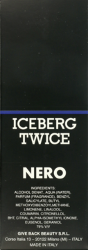 Tył czarnego opakowania perfum Iceberg Twice Nero, z białymi napisami i listą składników.