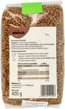Naura BIO soczewica brązowa, tył przezroczystego opakowania z widoczną zawartością i etykietą 400g.