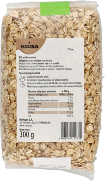 Tył przezroczystego opakowania płatków owsianych Bio Naura 300g, widoczna etykieta z danymi produktu.