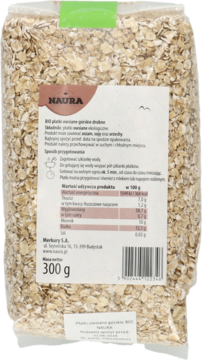 Tył przezroczystego opakowania BIO płatków owsianych górskich drobnych Naura 300g, widoczna etykieta.