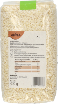 Płatki jaglane BIO 300g Naura, tył opakowania z etykietą, wartościami odżywczymi i instrukcją przygotowania.