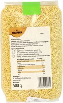 Tył przezroczystego opakowania BIO kaszy jaglanej Naura 500g, z białą etykietą i zielonym akcentem.