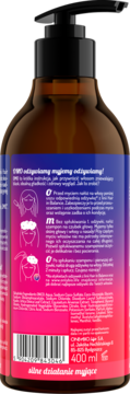Tył brązowej butelki szamponu oczyszczającego Hair in Balance, z fioletowo-różową etykietą i instrukcją OMO, 400ml.