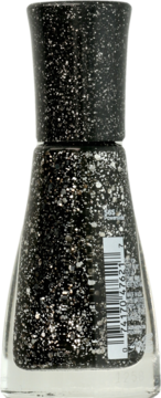 Tył butelki szybko schnącego lakieru Sally Hansen Insta-Dri Powerslide #565, czarno-srebrny brokat, z widocznym kodem kreskowym.