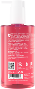 Czerwony szampon 300ml z adaptogenami i grzybem Reishi, widok tyłu opakowania, etykieta z opisem ochrony skóry.