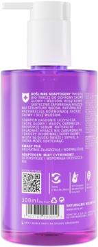 Tył fioletowej butelki szamponu z białą pompką, 300ml. Widoczne opisy składników: Roślinne Adaptogeny, Mirt Cytrynowy.