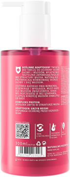 Tył różowej butelki odżywki do włosów z adaptogenami i grzybem Reishi, 300ml, widoczne etykiety i kod QR.