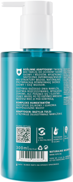 Tył turkusowej butelki odżywki VOPE 300ml z białą pompką, widoczne opisy o adaptogenach i bazylii.