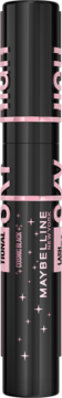 Czarny tusz Maybelline Sky High Cosmic Black wydłużający, różowe napisy i gwiazdki, widok z przodu.