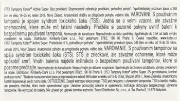 Szczegółowy tekst dot. bezpiecznego użycia tamponów z ostrzeżeniem o Zespole Wstrząsu Toksycznego (TSS), na jasnym tle.