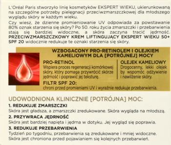 Reklama L'Oréal Paris Ekspert Wieku 50+ SPF 20: anti-aging krem z Pro-Retinolem i olejkiem kameliowym.