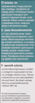 Informacyjny panel produktu kosmetycznego, zielono-szare tło, tekst o właściwościach i sposobie użycia.