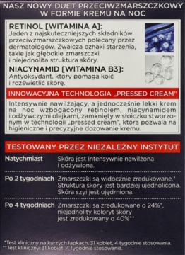 Ulotka kremu na noc z retinolem i niacynamidem. Opis produktu na ciemnym tle, technologia „pressed cream”.