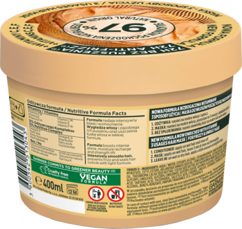 Tył opakowania maski Garnier Fructis Cocoa Butter Hair Food 400ml. Widoczna etykieta z listą składników i opisem cech.