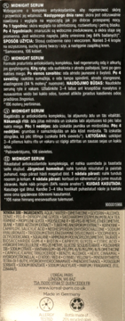 Złoty tył opakowania serum L'Oréal Midnight Serum z białą listą składników i informacjami o firmie.