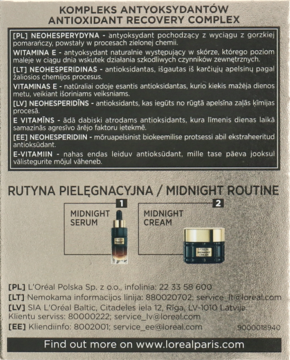 Tył opakowania L'Oréal Midnight (ciemne tło, złote napisy) z opisem kompleksu antyoksydantów i rutyną pielęgnacyjną.