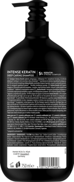 Tył czarnej butelki szamponu Syoss Intense Keratin Deep Caring 750ml z pompką, widoczna lista składników.