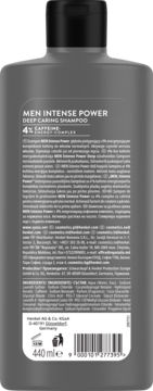Tył szamponu Syoss Men Intense Power Deep Caring z 4% Caffeine Energy Complex. Szara butelka 440ml, widoczne informacje produktu.